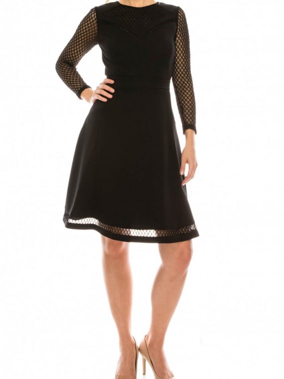 Adrianna Papell Day Crew Neck Long Sleeves Zipper Back Lace & Textured Knit Dress